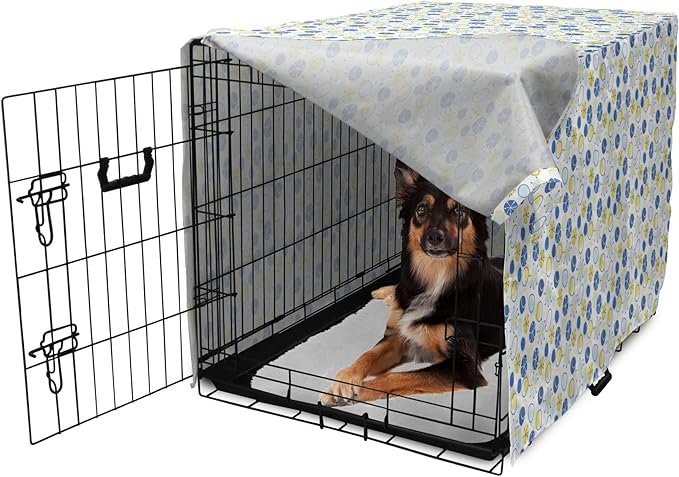 Lunarable Yellow and Blue Dog Crate Cover, Random Doodle Circles Abstract Floral Pattern, Easy to Use Pet Kennel Cover for Medium Large Dogs, 36 Inch, Pale Yellow Pale Blue