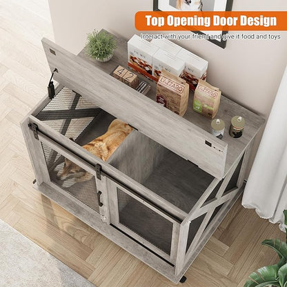 Dog Crate Furniture with Sliding Barn Door,Flip Top Furniture Style Dog Crate End Table with Wheels,Indoor Dog Kennel Furniture with Removable Divider,Dog House,Grey
