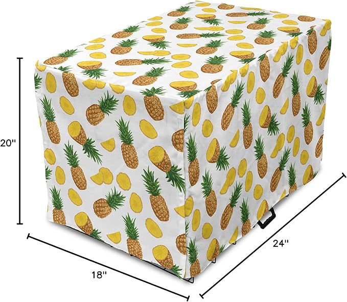 Lunarable Pineapple Dog Crate Cover, Sliced in Half Ananas Exotic Fruit Rhythmic Retro Look Print, Easy to Use Pet Kennel Cover for Cats & Medium Dogs, 24 Inch, Mustard Fern Green