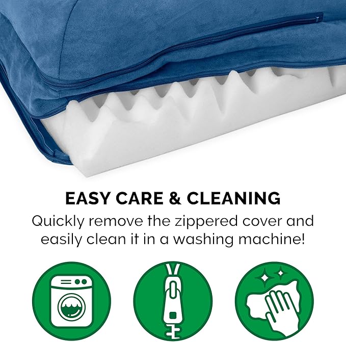 Furhaven Orthopedic Dog Bed for Large Dogs w/ Removable Bolsters & Washable Cover, For Dogs Up to 95 lbs - Two-Tone Plush Faux Fur & Suede L Shaped Chaise - Marine Blue, Jumbo/XL