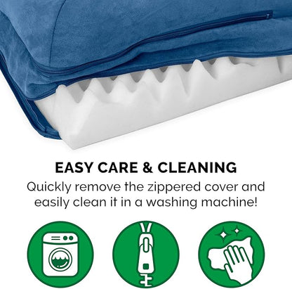 Furhaven Orthopedic Dog Bed for Large Dogs w/ Removable Bolsters & Washable Cover, For Dogs Up to 95 lbs - Two-Tone Plush Faux Fur & Suede L Shaped Chaise - Marine Blue, Jumbo/XL