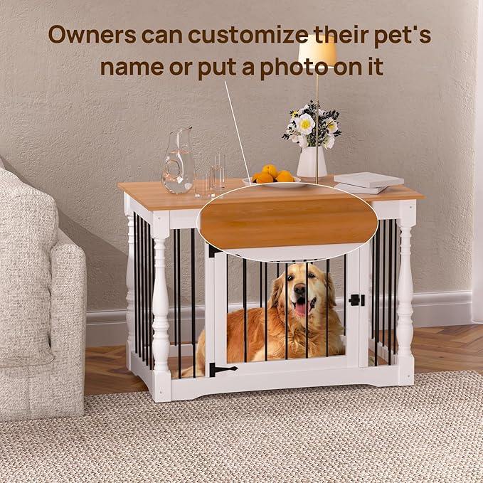 Dog Crate Furniture - Solid Wood Roman Column Kennel for Small/Medium Dogs | Multi-Functional Pet Bed with Removable Tray & Coffee Table Design | Modern Home Decor,Indoor Furniture (White)