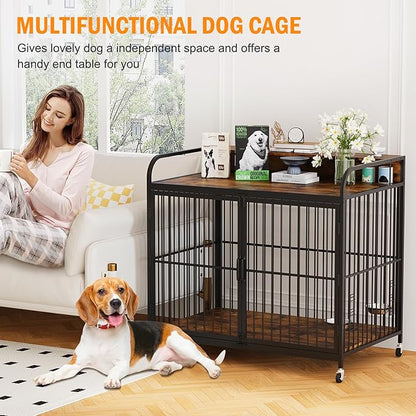 Dog Crate Furniture, Wooden Dog Crate End Table with Adjustable Height & 360° Rotating Feeder, Dog Kennel Indoor with 360° Wheels for Small Dogs, Heavy Duty Dog Crate (31.96''L x 20.47''W x 31.49''H)