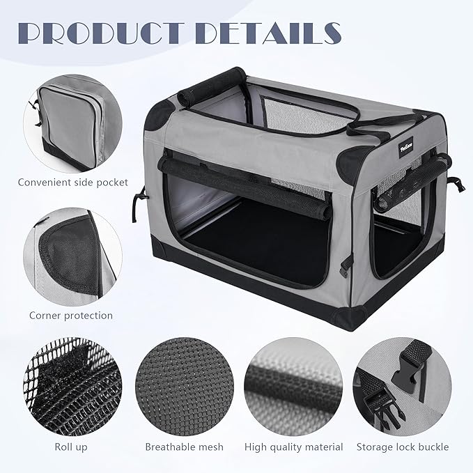 Collapsible Dog Crates for Medium/Large Dogs, 3-Door Soft-Sided Pet Crate with Durable Mesh Windows, Portable Foldable Travel Kennel for Indoor, Outdoor & Car Use