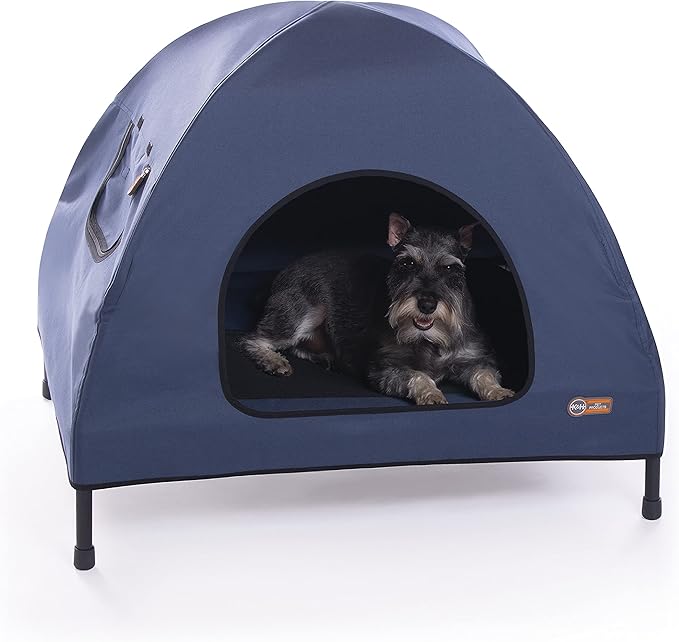 K&H Pet Products Pet Cot House for Medium Dogs, Outdoor Elevated Dog Cot House, Enclosed Canopy, Window Flaps for Air Flow, Washable Cover, Raised Metal Frame, Collapsible - Medium 32 X 25in Blue