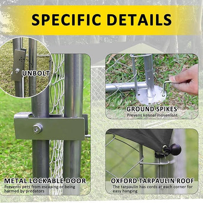 Large Outdoor Dog Kennel 9.8 x 9.8FT, Heavy Duty Outdoor Fence Dog Run, Dog Enclosure with Waterproof UV-Resistant Roof for Backyard Farm ESWE3029