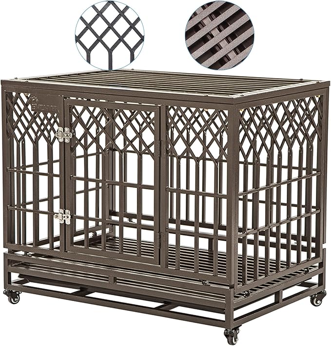 SMONTER 38in Heavy Duty Strong Metal Dog Cage Pet Kennel Crate Playpen with Wheels, Y Shape, Brown