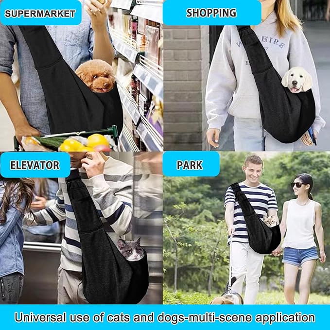 Kanemc Small Dog Sling Carrier Include Bottom Support, Puppies Cat Wrap Carrier Sling Adjustable Strap Zip Pocket, Hands Free Pets Pack for Outdoor Travel Vet (Black)