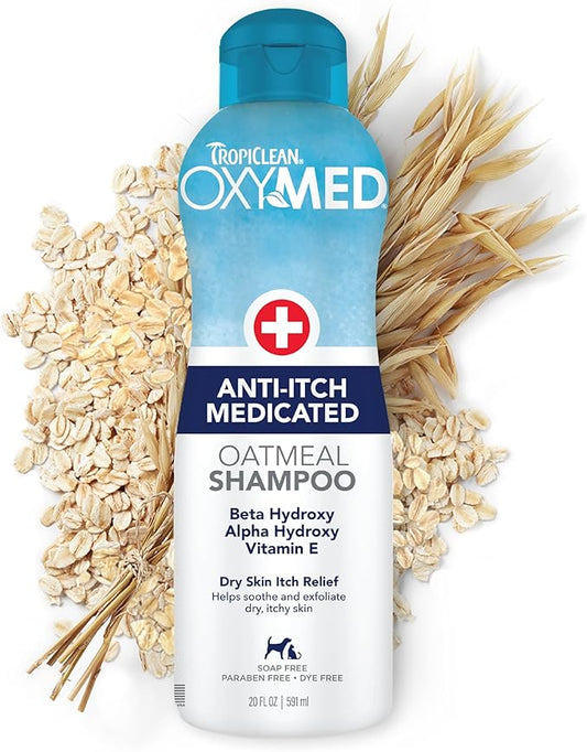 TropiClean OxyMed Dog Shampoo for Allergies and Itching , Medicated Oatmeal Shampoo for Dry Itchy Skin, Seborrhea, & Hot Spots, Cat Safe, 20oz.