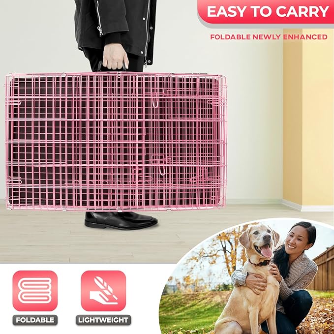 FDW Dog Crate for Large Dogs 42 Inch Folding Metal WirePet Cage Double Door W/Divider Panel Indoor Outdoor Kennel Leak-Proof Plastic Tray,Pink