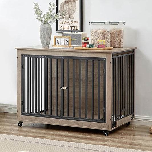 Dog Crate Furniture, Dog House Indoor with Feeding Bowl and Wheels, Wood Dog Crate Dog Kennels Decorative Dog Crate for Small Medium Dogs Grey 43.7" W x 30" D x 33.7" H One Size