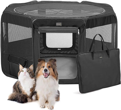 DONORO Dog Playpen Portable Pet Play Pens for Small Dog/Cat/Rabbit/Chicks, Cat Playpen Indoor/Outdoor with Carring Case, Removable Zipper Top and Bottom (Black, Small (29"x29"x15"), 8)