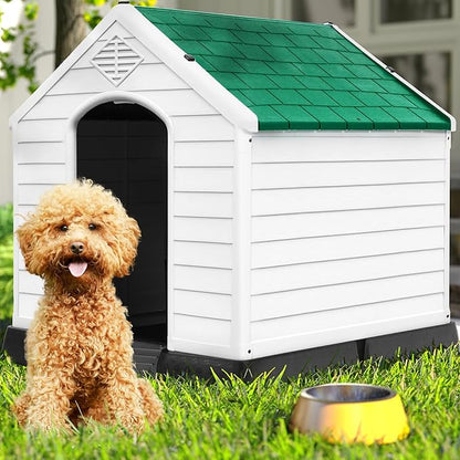 DWVO Robust Weatherproof Dog House, Indoor & Outdoor Safe Haven for Small to Medium Dogs, Easy Assembly & Cleaning (28.5''L*26''W*28''H, Green)