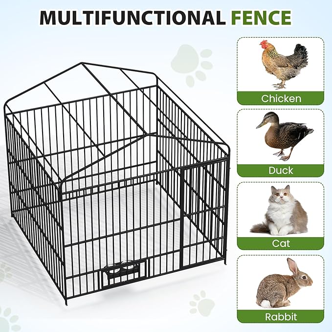 Rovibek Outdoor Dog Kennel with Roof, Dog Kennel Outside with 3 Sides Sun-Proof Cover, Large Outdoor Dog Playpen, Dog Run Enclosure with 2 Rotating Bowl for Small Medium Large Dogs