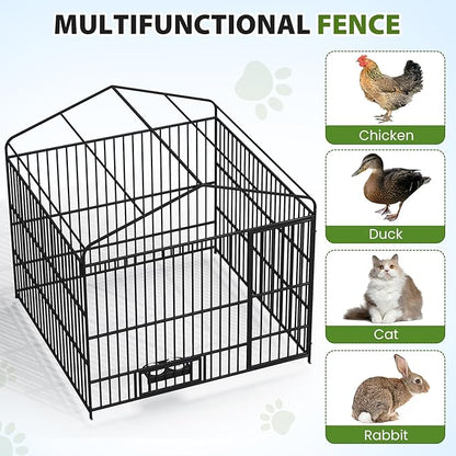 Rovibek Outdoor Dog Kennel with Roof, Dog Kennel Outside with 3 Sides Sun-Proof Cover, Large Outdoor Dog Playpen, Dog Run Enclosure with 2 Rotating Bowl for Small Medium Large Dogs