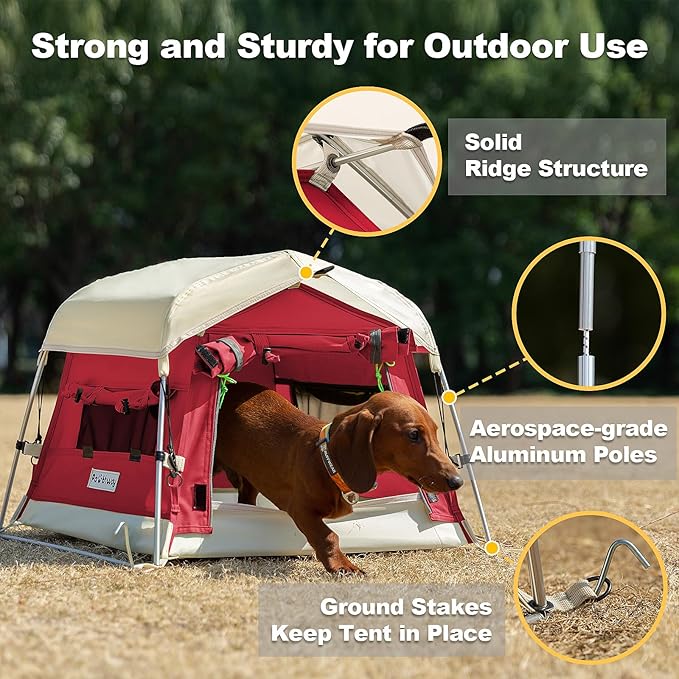 Dog Tent Cotton Fabric, Aluminum Poles and Camping Mat, Outdoor Weatherproof, Dog House Outdoor, Breathable with 2 Side Windows, Portable and Collapsible (Red, Small)