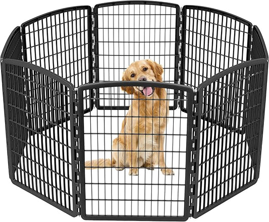IRIS USA Dog Playpen, 8-Panel 34" Pet Playpen, Puppy Playpen, Indoor/Outdoor Dog Pen, 63 x 63 x 34, Foldable, Customizable, Black
