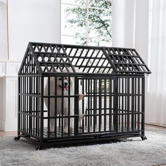 52" Heavy Duty Dog Crate,Metal Pet Cage Roof Strong Playpen with Sturdy Latches and Lockable Wheels,Large Kennel W/Removable Trays for Large Dogs,Black