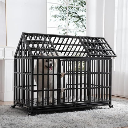 52" Heavy Duty Dog Crate,Metal Pet Cage Roof Strong Playpen with Sturdy Latches and Lockable Wheels,Large Kennel W/Removable Trays for Large Dogs,Black