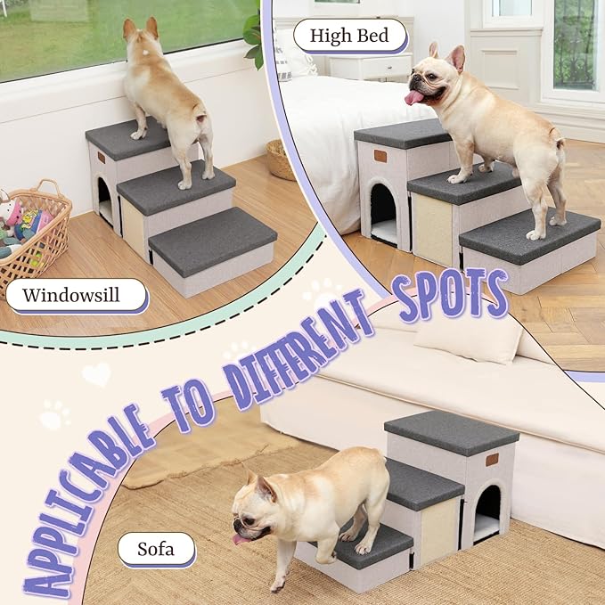 downluxe Dog Stairs for Small Dogs, Foldable Dog Steps for Bed, Sofa and Chair, Non-Slip Pet Steps with Cat Scratcher and Condo (3-Step Pet Stairs, Grey-Beige)
