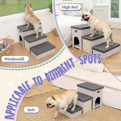 downluxe Dog Stairs for Small Dogs, Foldable Dog Steps for Bed, Sofa and Chair, Non-Slip Pet Steps with Cat Scratcher and Condo (3-Step Pet Stairs, Grey-Beige)