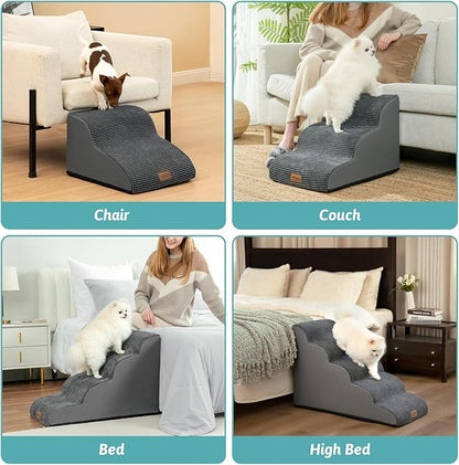 Dog Stairs for High Bed 22.6" H, Small Pet Steps with Leakproof Cover, High Density Foam Cat Ramp for Bed, Car or Couch, Lightweight, Durable, Comfort, 15.7x33x22.6 inch, 5 Tiers, Dark Grey