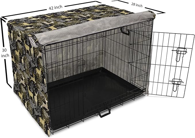 Ambesonne Christmas Dog Crate Cover, Nature Woodland and Deer Silhouettes with Oriental Ornaments Design, Easy to Use Pet Kennel Cover for Medium Large Dogs, 42 Inch, Yellow White Black