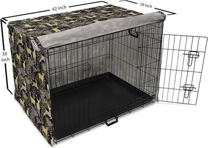 Ambesonne Christmas Dog Crate Cover, Nature Woodland and Deer Silhouettes with Oriental Ornaments Design, Easy to Use Pet Kennel Cover for Medium Large Dogs, 42 Inch, Yellow White Black