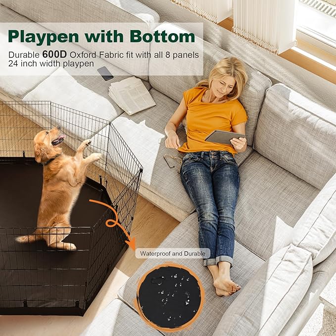 PJYuCien Dog Playpen - Metal Foldable Dog Exercise Pen, Pet Fence Puppy Crate Kennel Indoor Outdoor with 8 Panels 24”H & Bottom Pad for Small Medium Pets