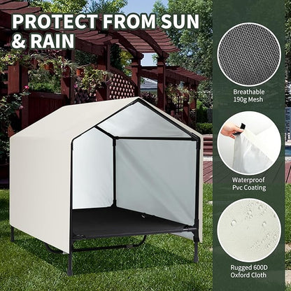 Indoor Outdoor Dog House Large Breed | Medium Large Dog House Outdoor Raised Elevated Dog Bed Cot with Canopy, Waterproof & Sunproof Outside Dog Shade Shelter Tent (39" x 30" x 34")