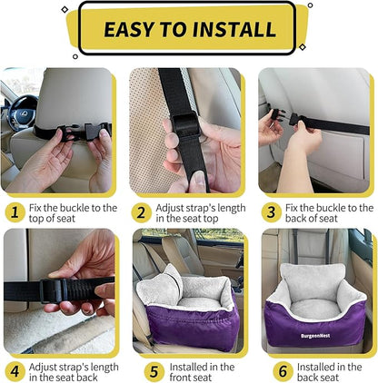 BurgeonNest Dog Car Seat for Small Dogs, Fully Detachable and Washable Carseats Under 25, Soft Booster Seats with Storage Pockets Clip-On Leash Portable Travel Carrier Bed Purple (dbs-p)