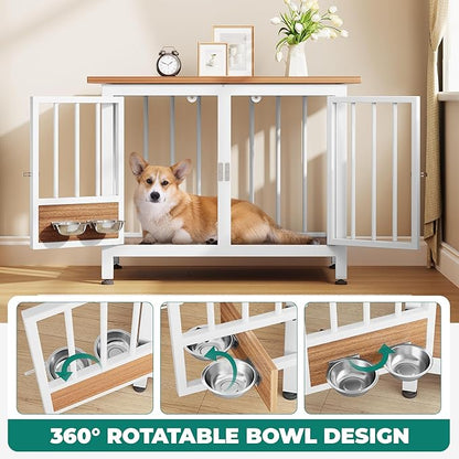 YITAHOME 33" Foldable Dog Crate Furniture, Portable Wooden Kennel End Table with Adjustable Feet & 360° Rotatable Bowls, Perfect for Small to Medium Dogs, Brown