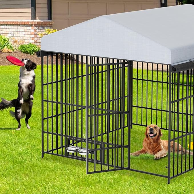 Outdoor Dog Kennel - 6.6 x 6.6 x 6.4 ft Outside Dog Kennel with Roof, Large Dog Outdoor Kennel with Rotating Feeding Bowls for Medium Small Dogs