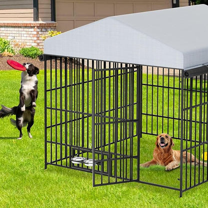 Outdoor Dog Kennel - 6.6 x 6.6 x 6.4 ft Outside Dog Kennel with Roof, Large Dog Outdoor Kennel with Rotating Feeding Bowls for Medium Small Dogs