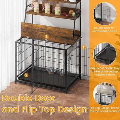 Furniture Style Dog Crate, Indoor Basic Dog Cage with 3-Layer Storage Shelves, Flip-up Top End Table Dog Cage, Dog Kennel Furniture with Adjustable Bowls, 37.4" L x 24.4" W x 57.1" H,Brown