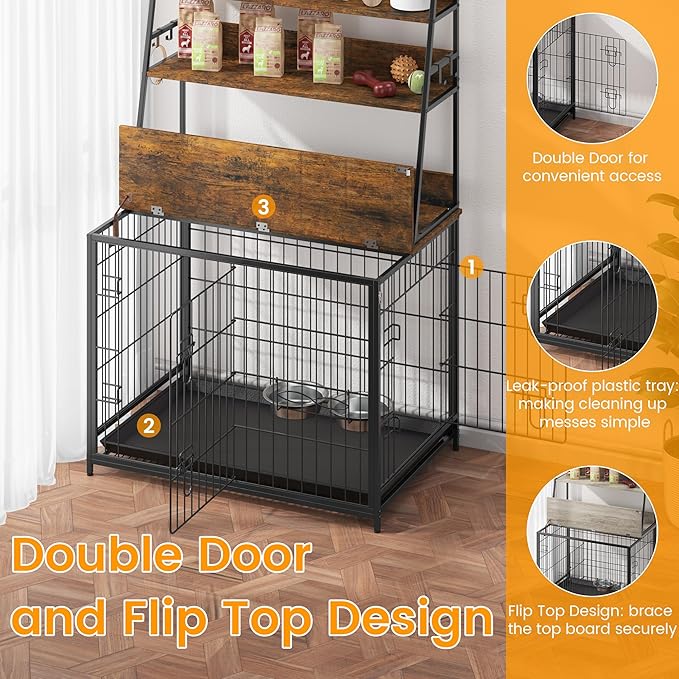 Furniture Style Dog Crate - Adjustable Feeder with Elevated Bowls, Dog Kennel Furniture with -up Top, Multifunctional Dog House End Table, Versatile Dog Cage with Storage, Brown
