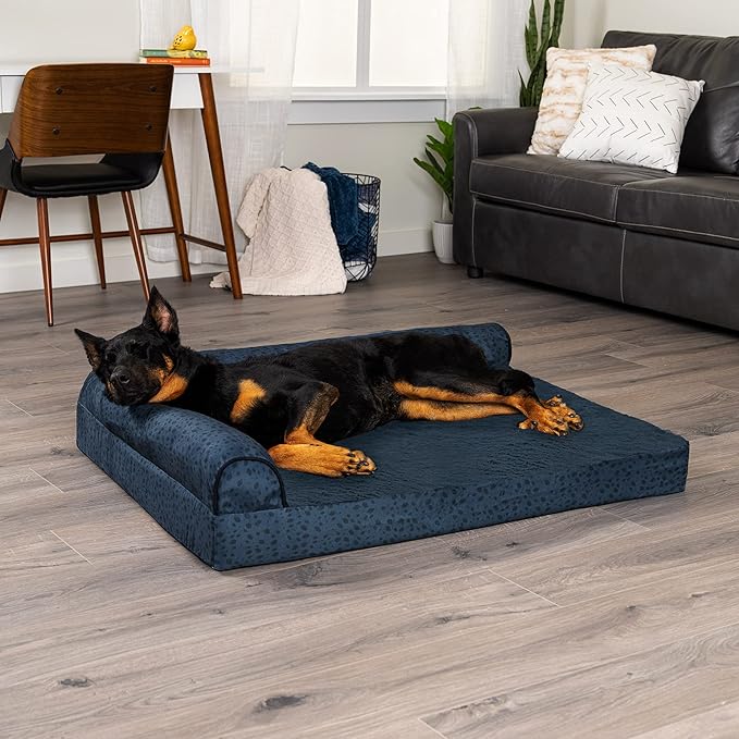 Furhaven Orthopedic Dog Bed for Large Dogs w/ Removable Bolsters & Washable Cover, For Dogs Up to 95 lbs - Plush & Almond Print L Shaped Chaise - Blue Almonds, Jumbo/XL