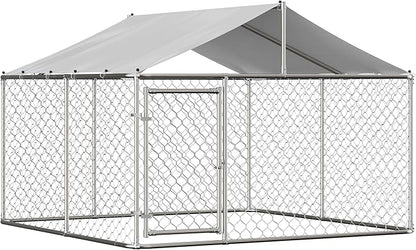 Large Outdoor Dog Kennel, Heavy Duty Galvanized Steel Dog Enclosure, Chicken Coop with Waterproof UV-Resistant Cover, Lockable Door Chain Link for Small & Large Pets, Backyard (90" L x 90" W x 65" H)
