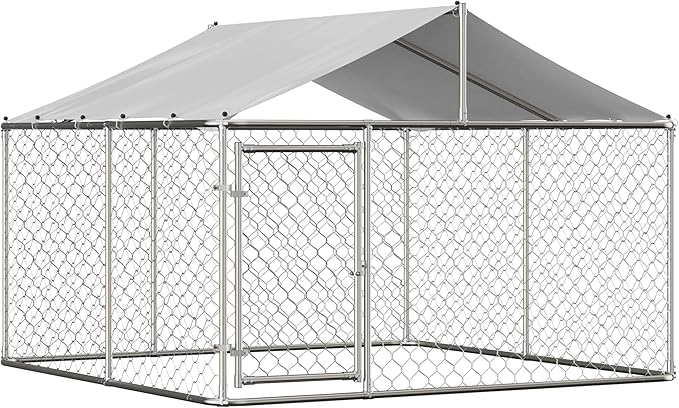 Outdoor Dog Enclosure,Heavy Duty Dog Kennel House Mesh Outside,Galvanized Chain Link Dog Run with Roof,Dog Cage Large Dogs,Dog Pen,Pet Kennel W/Waterproof Anti-UV Cover&Secure Lock for Large Dog