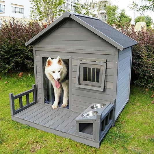 Outdoor Large Dogs House with Spacious Terrace,Open Waterproof Asphalt Roof Dog Kennel W/Breathable Window & 2 Feeding Stainless Bowls,Removable Floor Dog Cage for Large Dogs,Gray