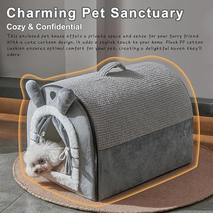 Jiupety Cute Small Dog Cave Bed with Door Curtain Design, Dog House with Reversible Washable Cushion, L Size Portable Puppy House, Cartoon Style Hut Up to 25lbs, Non-Slip Bottom, Grey