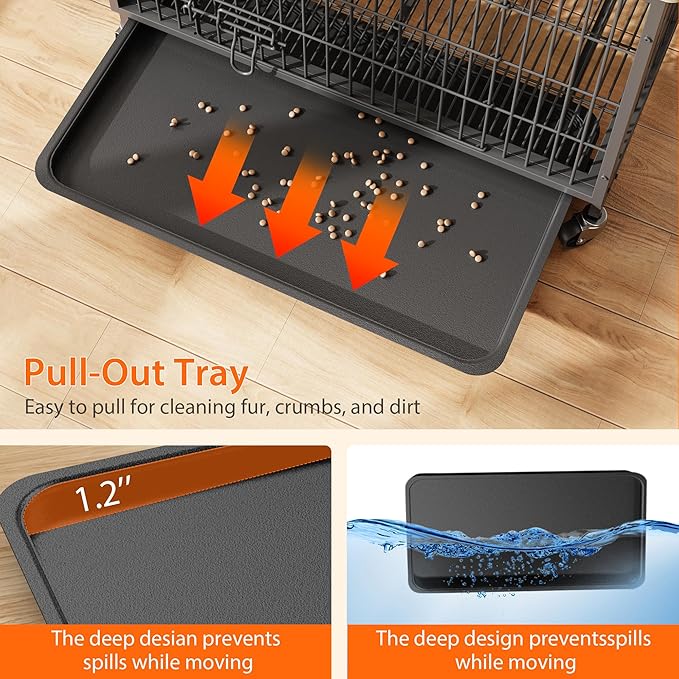 Dog Crate Furniture, 38.6" Double-Door Dog House with Removable Wheels, Heavy-Duty Wooden Kennel & Pull-Out Tray, Rustic Brown Side Table for Large Dogs, Grey