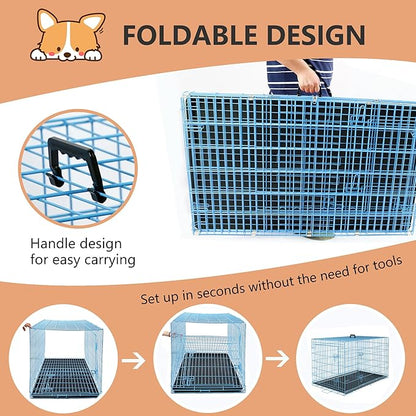 FDW XL Dog Crate Dog Kennel Cage with Double Door,42 inch Folding Metal Wire Dog Cage with Removable Tray&Divider Panel,Pet Crate for Medium Large Dogs,Blue