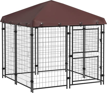 PawHut 4.6' x 5' Dog Kennel Outdoor with Waterproof Cover, Dog Playpen for Small and Medium-Sized Dogs with Two Part Door Design, Brown