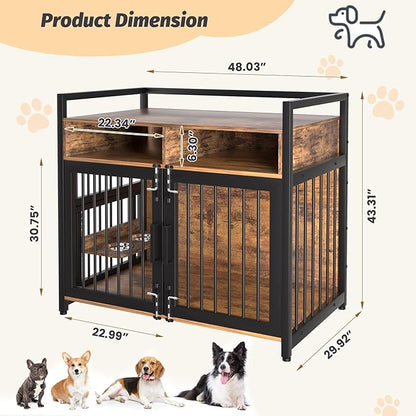 Dog Crate Furniture, Large Dog Cage with 2 Open Storage Shelves, 48 Inch Dog Kennel with Adjustable Raised Feeders, Indoor Heavy Duty Metal End Table Dog Crate for Large Dogs