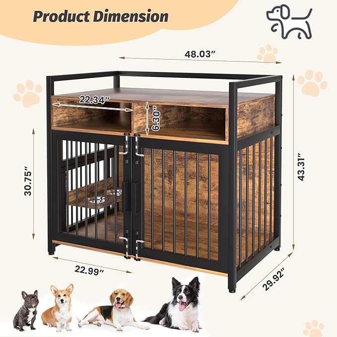 IDEALHOUSE Dog Crate Furniture, 48 Inch Dog Cage with 2 Open Storage Shelves, Wooden Dog Kennel with Adjustable Raised Feeders, Indoor Heavy Duty Metal End Table Dog Crate for Large Medium Dogs
