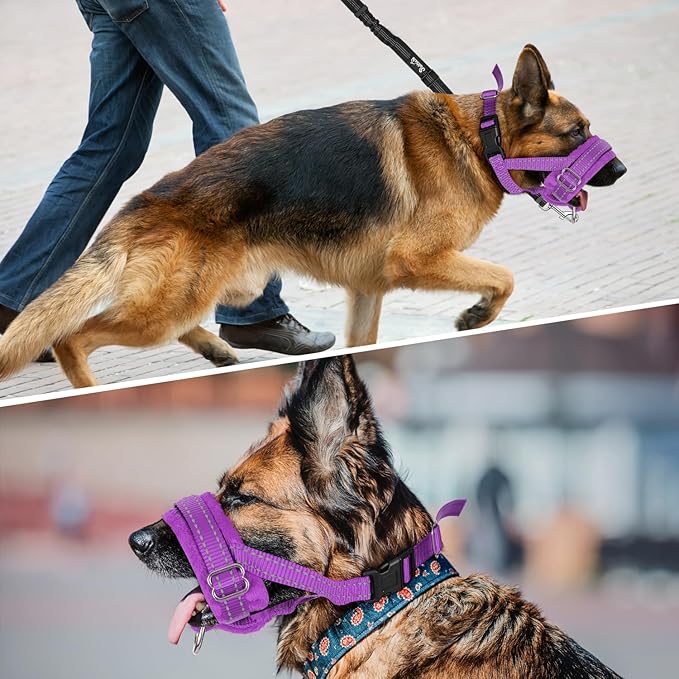SlowTon Soft Dog Muzzle, Adjustable Padded Nylon Muzzle for Large Medium Dogs Anti Chewing Barking Biting, Allow Dog Pant & Drink (Purple, S)