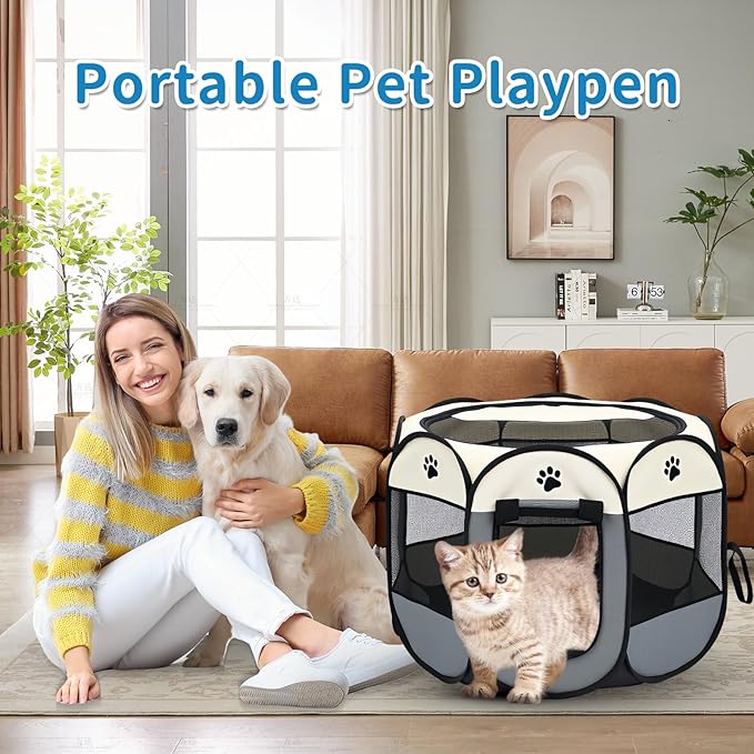 Dog Play Pen Portable Cat House Easy Assemble Pet Indoor/Outdoor Security Cage Pink-L