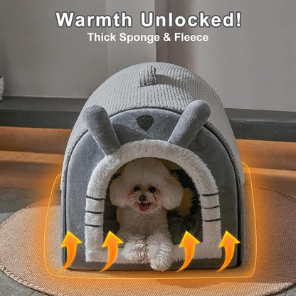 Jiupety Cute Small Dog Cave Bed with Door Curtain Design, Dog House with Reversible Washable Cushion, L Size Portable Puppy House, Cartoon Style Hut Up to 25lbs, Non-Slip Bottom, Grey