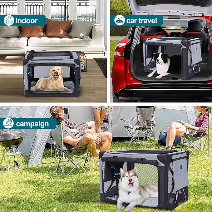 Ownpets Collapsible Dog Crate 26 Inch Portable Travel Dog Soft Crate with Detachable Storage Bag and Double-Sided Mat, 3-Door Dog Kennel for Indoor and Outdoor